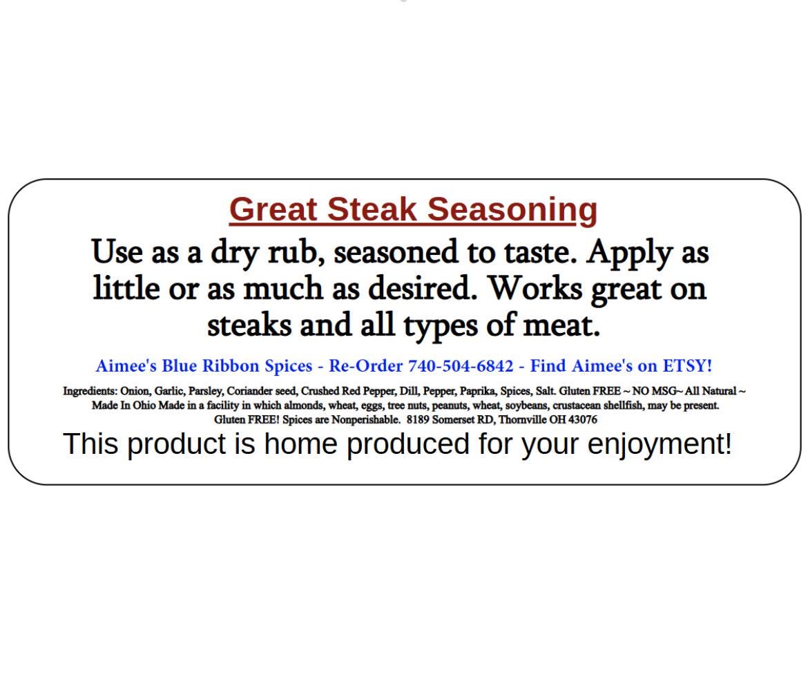 Great Steak Seasoning Spice Mix ~ Grilling- Roasted Herbs- Dry Spice Mix- Gluten Free Spices-NO Additives-FULL of Flavor! -Ribeye-Sirloin-