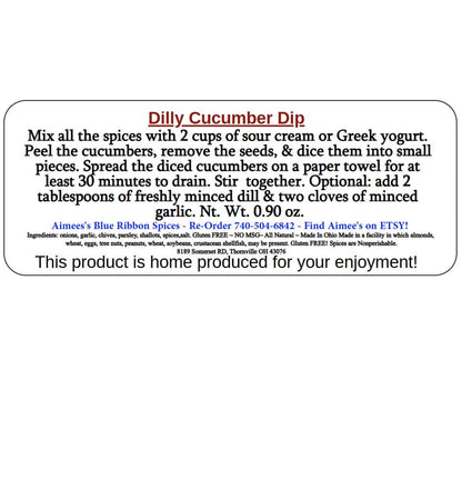 Dill Cucumber Dip** Spice Seasoning Mix (NO SALT Version) Chip Dip - Garden Cucumbers - Sour Cream-  Gluten FREE! - Fresh Tasting-Veggie dip