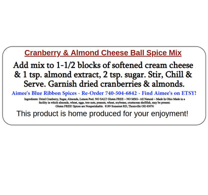 Cranberry & Almond Cheese Ball ** Spice Seasoning Mix -Aimee's Dads Favorite - Cream Cheese - Appetizer - Gift Giving - Gluten Free Spices