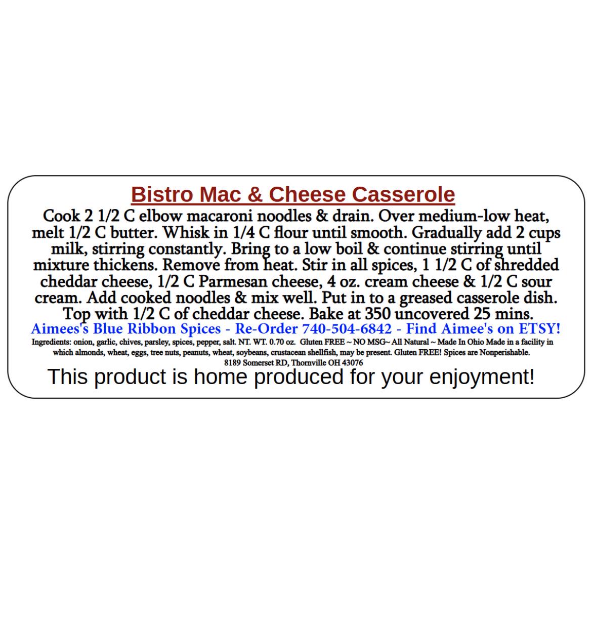 Bistro Mac & Cheese** Casserole Spice Seasoning Mix (NO SALT) Potluck - Tailgate - Family Reunion - Spice Mix Packet Makes a Large Recipe