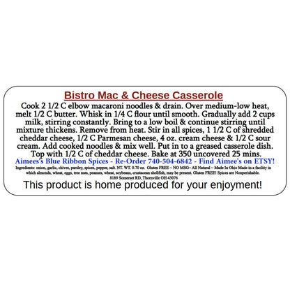 Bistro Mac & Cheese** Casserole Spice Seasoning Mix (NO SALT) Potluck - Tailgate - Family Reunion - Spice Mix Packet Makes a Large Recipe