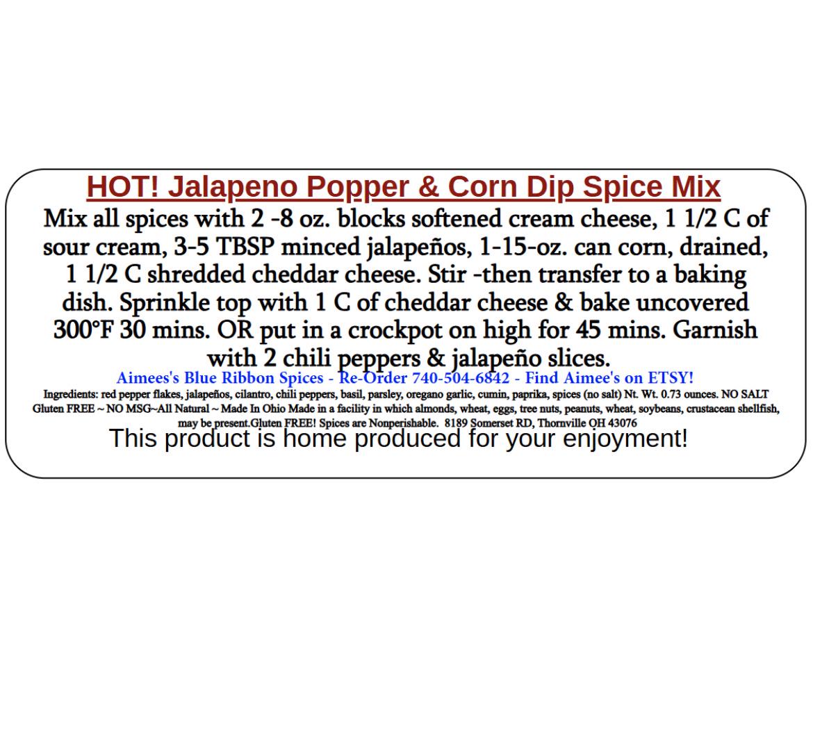 Hot! Jalapeño Popper & Corn Dip Spice Seasoning Mix “Value 3 Pack Bulk Savings” 3 Mason Jar Packets~Appetizer~Gift~Potluck~Large Cheese Ball