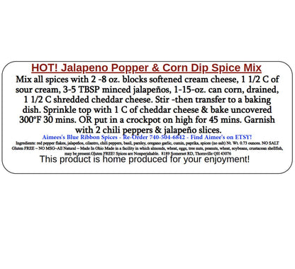 Hot! Jalapeño Popper & Corn Dip Spice Seasoning Mix “Value 3 Pack Bulk Savings” 3 Mason Jar Packets~Appetizer~Gift~Potluck~Large Cheese Ball