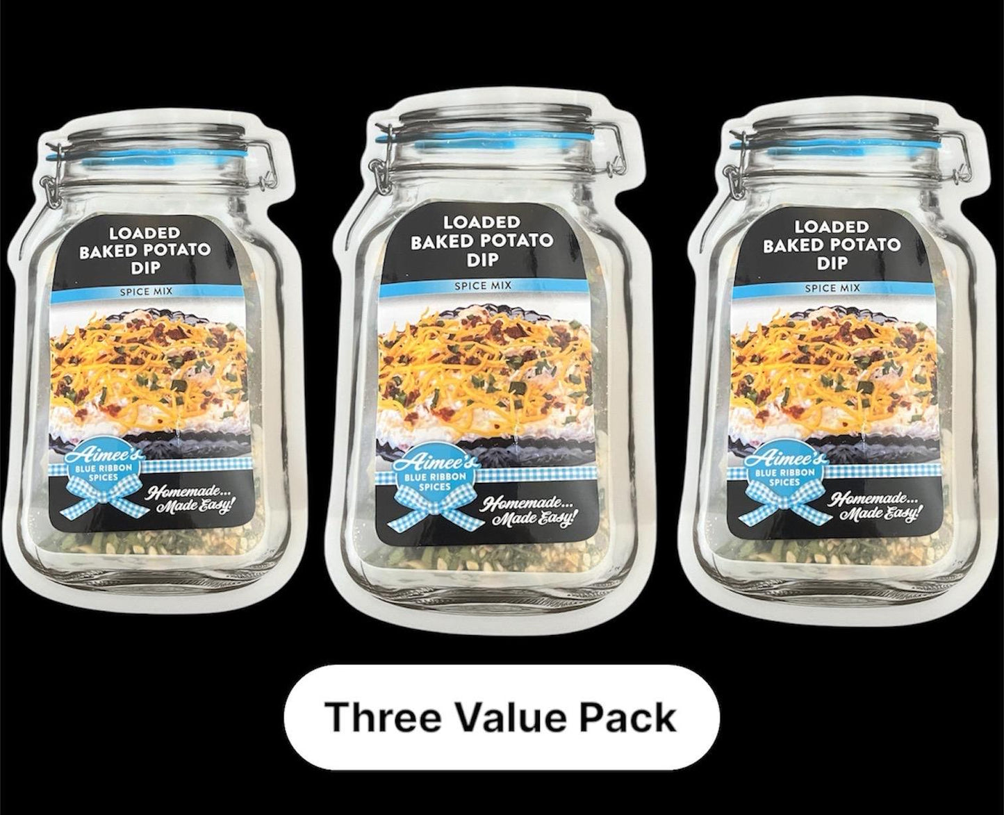 Loaded Baked Potato Dip Spice Seasoning Mixes "Value 3 Pack Bulk Savings” 3 Dip Mix Mason Jar Packets ~Bacon! ~ Spices are Gluten Free ~YUM!
