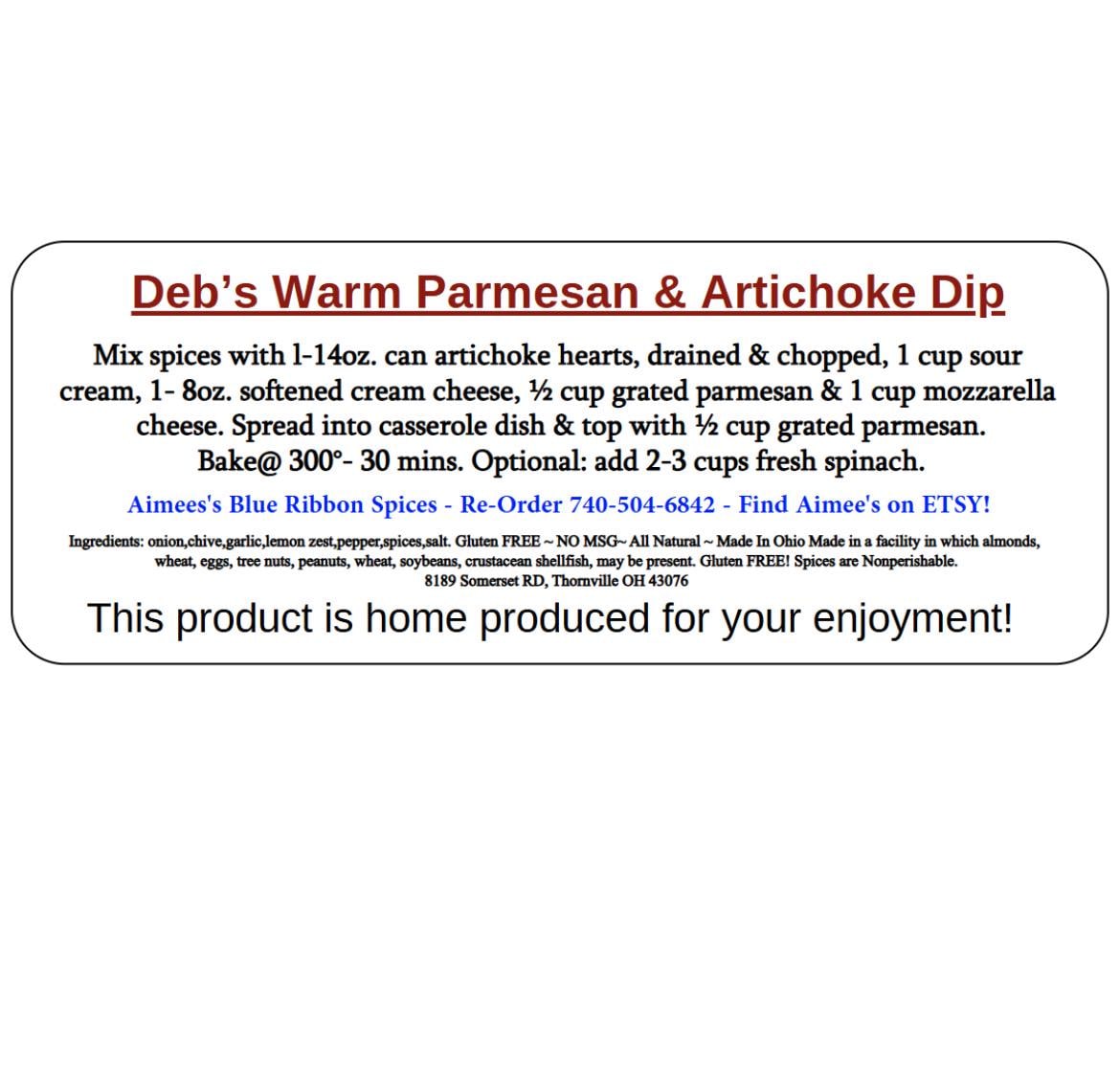 Deb’s Warm Parmesan & Artichoke Dip Spice Mixes "Value Three Pack Bulk Savings 3 Pack!" Spices are Gluten FREE~ Great Gift ~ TOP Seller