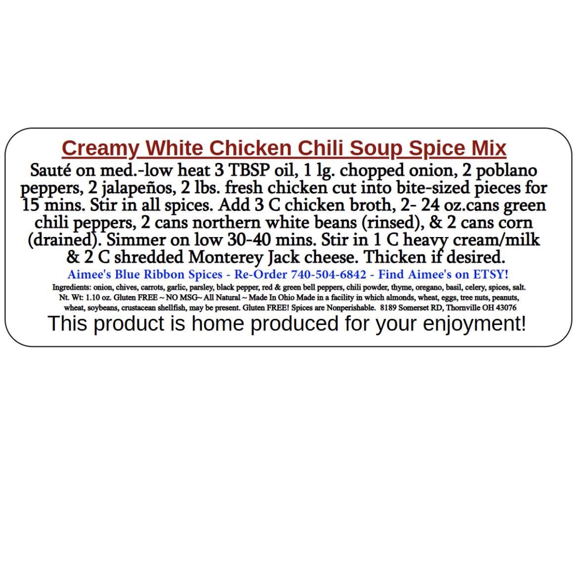 Creamy White Chicken Chili** Chili Seasoning Spice Mix ~ Fast Seller! ~ Northern White Beans ~ Makes a LARGE Recipe ~ Family Favorite ~ YUM
