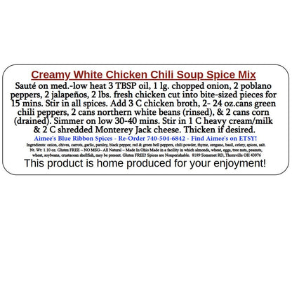 Creamy White Chicken Chili** Chili Seasoning Spice Mix ~ Fast Seller! ~ Northern White Beans ~ Makes a LARGE Recipe ~ Family Favorite ~ YUM