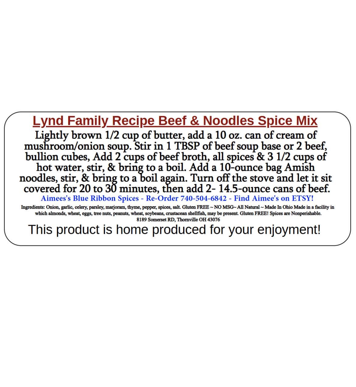Beef & Noodle Dinner Lynd Family Spice Recipe - Seasoning Mix “Value 3 Pack Bulk Savings” Amish Noodles-Family Meal-Crock Pot - Gift Giving