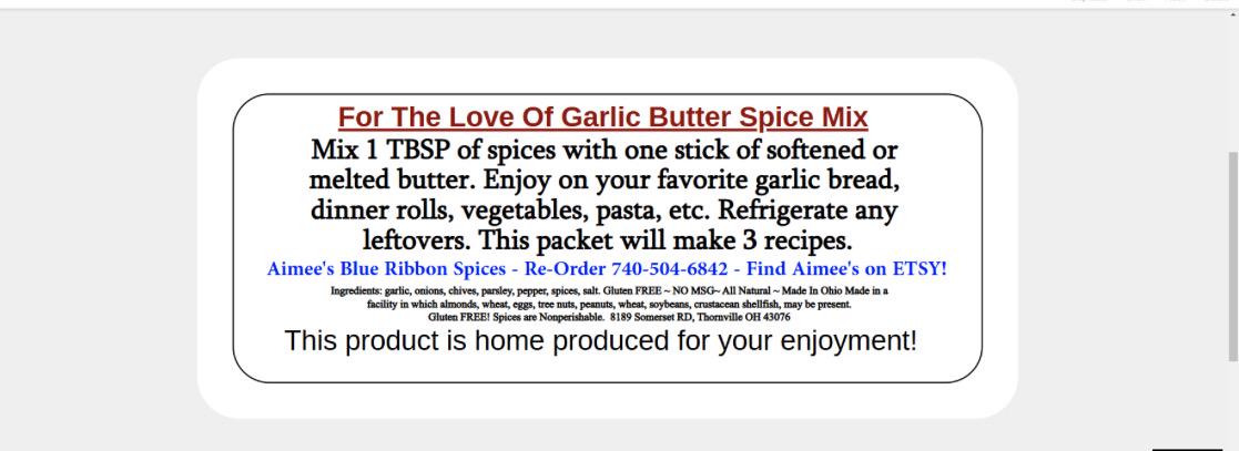 For The Love Of Garlic Butter Spice Seasoning Mix -Makes 2 Recipes - Garlic Bread - Rich Full of Flavor - EASY- Spices are Gluten Free- YUM!