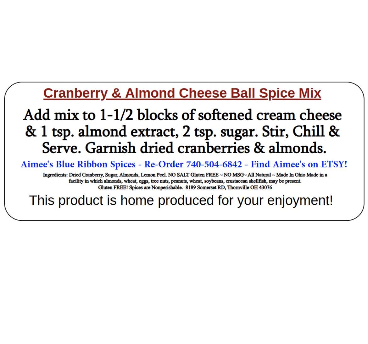 Cranberry & Almond Cheese Ball Spice Seasoning  Mix “Value 3 Pack Bulk Savings” Cream Cheese Holidays Crackers Bagel Spices are Gluten Free
