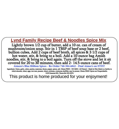 Beef & Noodles Dinner Meal- LYND Family Recipe Spice Seasoning Mix -Dinner Recipe -Hearty Meal-Pot Luck -Crock Pot -Dry seasoning Spice Mix