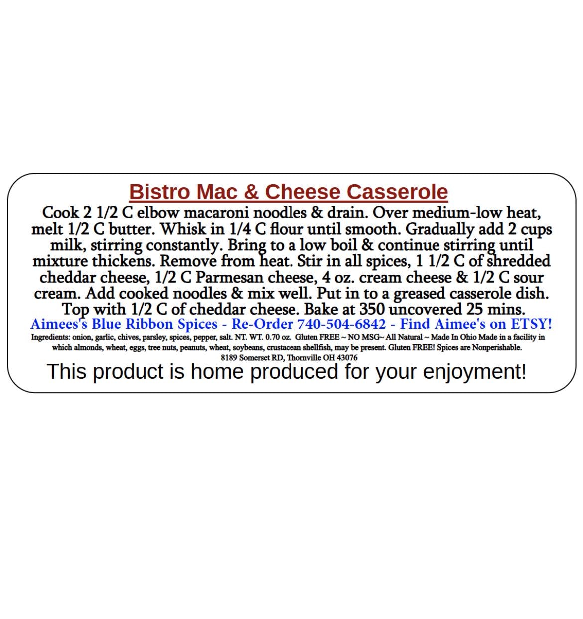 Bistro Mac & Cheese** Macaroni Casserole Spice Blend Seasoning Mix - Family Size Meal - Potluck -Tailgate Party- Family Reunion Get Together