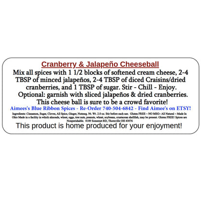 Cranberry & Jalapeno Cheese Ball ~Sweet/Heat Favorite ~VERY! Addictive ~ Spice Seasoning Mix (NO SALT) ~ Top! Selling Cheese Ball ~Appetizer