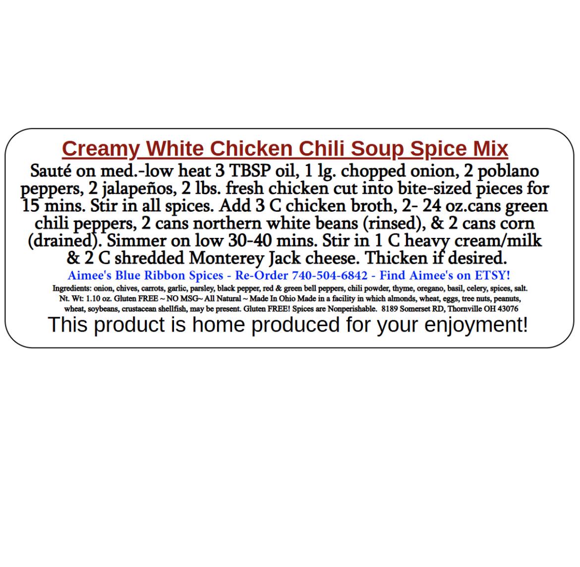 Creamy White Chicken Chili** Chili Seasoning Spice Seasoning Mix (NO SALT) Family  Crowd Favorite Hearty Spices are Gluten Free Amazing