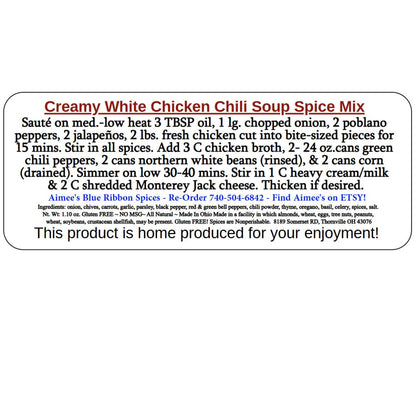 Creamy White Chicken Chili** Chili Seasoning Spice Seasoning Mix (NO SALT) Family  Crowd Favorite Hearty Spices are Gluten Free Amazing