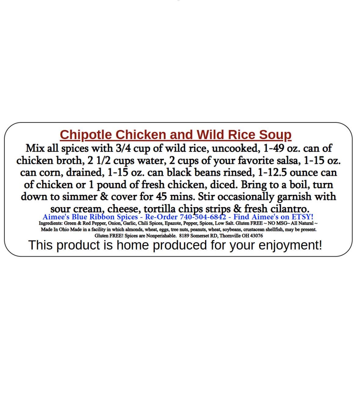 Chipotle Chicken & Wild Rice Soup NO SALT  Spice Seasoning Mix “Value 3 Pack Bulk Savings”