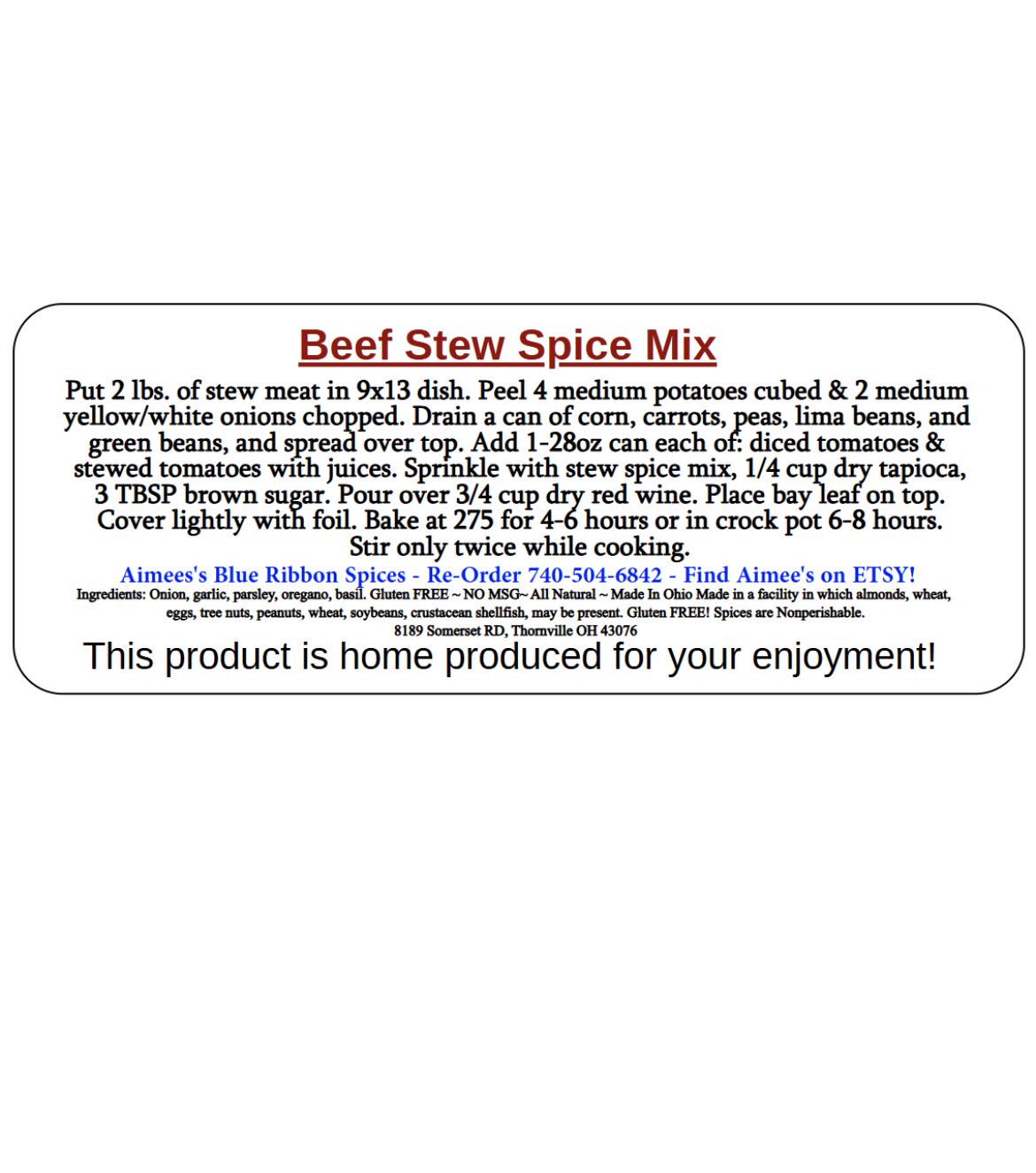 Beef Stew Meal Spice Seasoning Mix Dinner (NO SALT) Lynd Family Recipe ~Oven or Crock Pot Family Size Dinner -Loads of Flavor -Beef Veggies