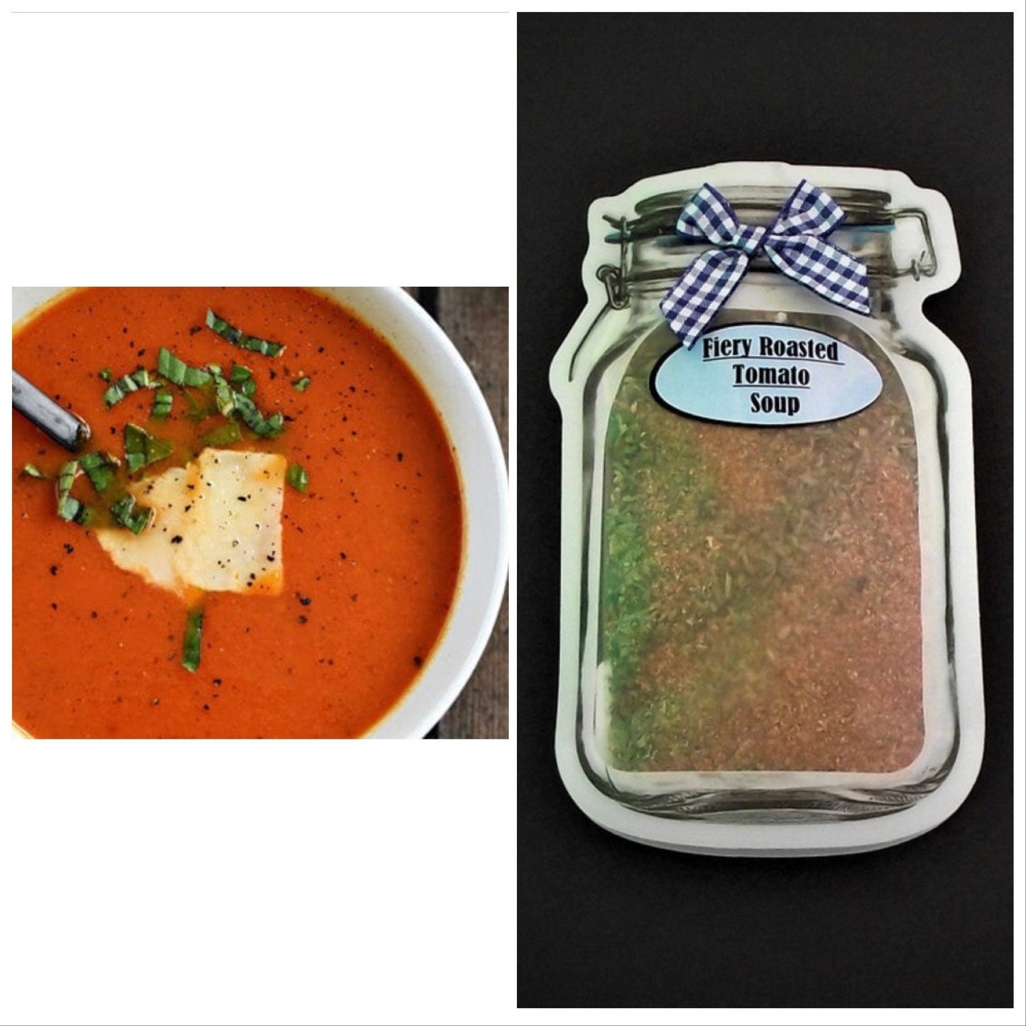 Fiery Roasted Tomato Soup* Spicy! Soup Spice Mix Roma Heirloom Beefsteak Early Girl  Parmesan Cheese Crackers Family Size Gluten Free Spices