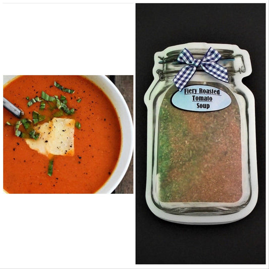 Fiery Roasted Tomato Soup* Spicy! Soup Spice Mix Roma Heirloom Beefsteak Early Girl  Parmesan Cheese Crackers Family Size Gluten Free Spices