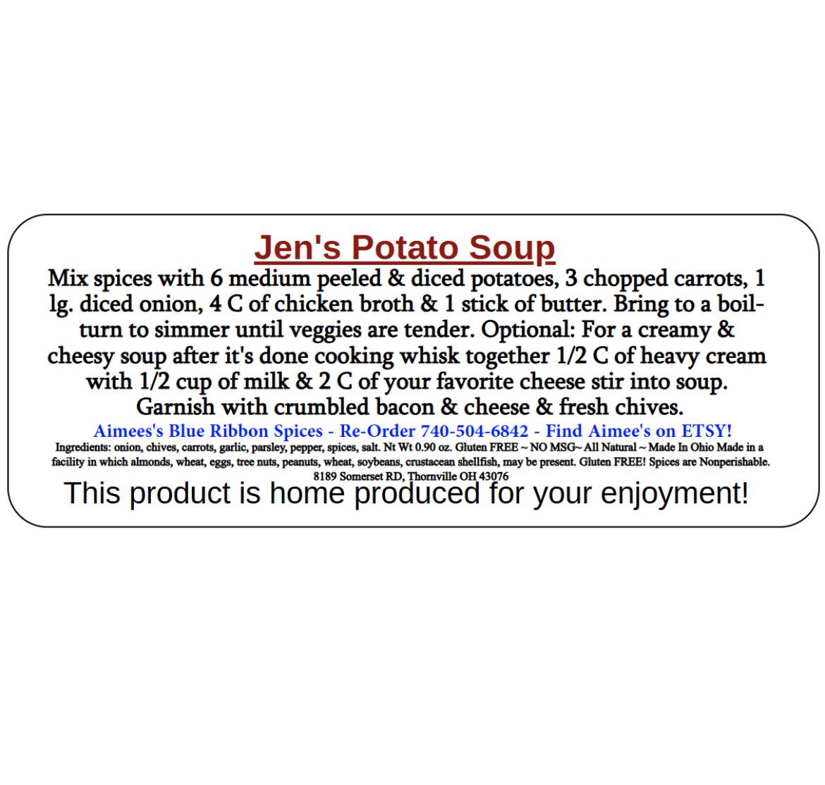 Jen’s Potato Soup Spice Seasoning Mix and Recipe “Value Three 3 Pack Bulk Savings” Includes 3 Spice Packets ~ Soup Gift Basket Gluten Free