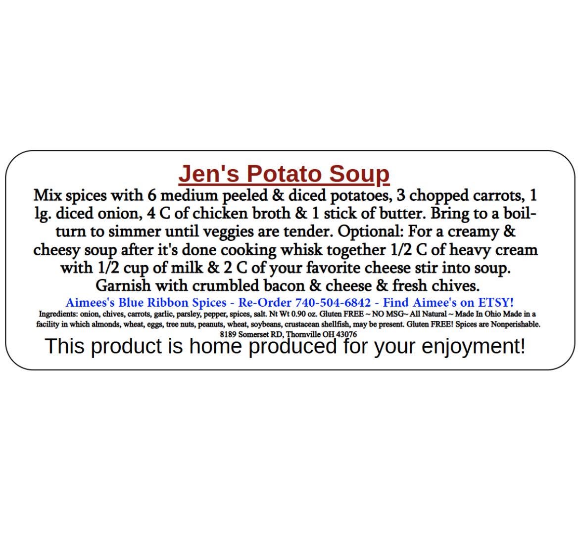 Jens Potato Soup Mix and Recipe** Creamy Comfort Food Spice Seasoning Mix EASY !TOP! Seller Cheesy Potato Soup ~ Gift Basket Giving ~ Creamy