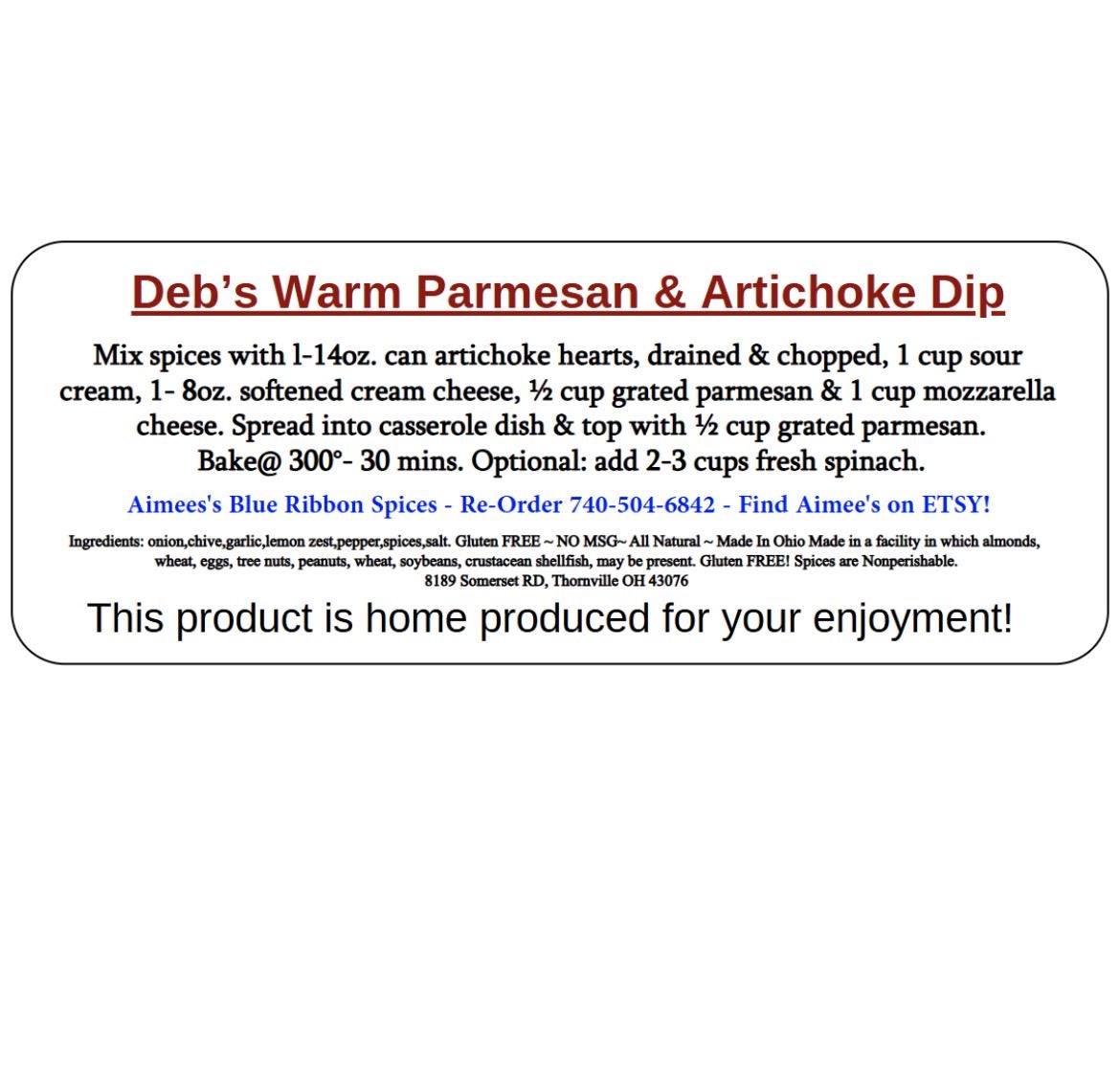 Deb’s Warm Parmesan & Artichoke Dip NO SALT  Spice Seasoning Mixes "Value Three Pack Bulk Savings 3 Pack!" Spice Mix Gluten FREE Add Spinach