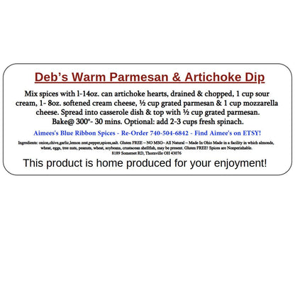 Deb’s Warm Parmesan & Artichoke Dip NO SALT  Spice Seasoning Mixes "Value Three Pack Bulk Savings 3 Pack!" Spice Mix Gluten FREE Add Spinach