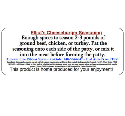 Elliot’s Cheeseburger Beef Seasoning Spice Mix ~ NEW! Hamburgers- Cook Out - Grilling - Summer - Gourmet - Patties - No! Gluten -  No MSG -